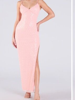 Windsor Pink Sequin Spaghetti Strap Prom Dress